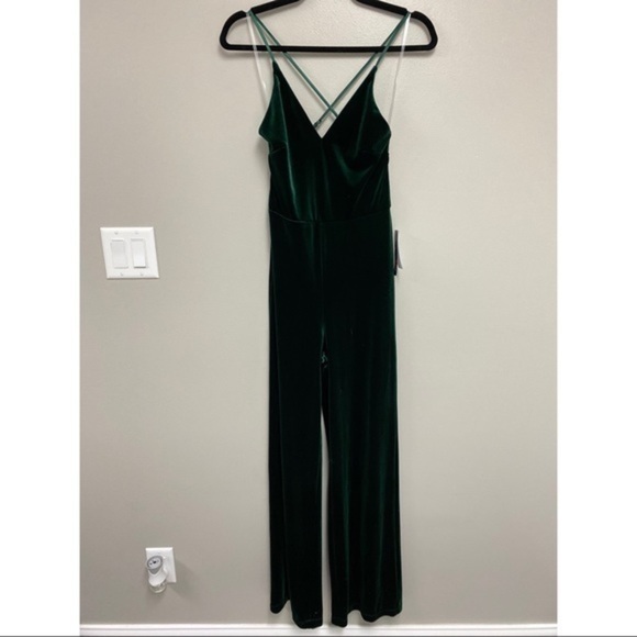 Teeze Me Criss Cross Strap Emerald Velvet Jumpsuit - Picture 5 of 9